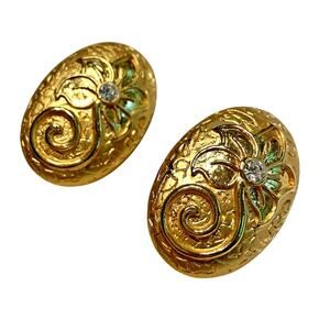 Clip On Earrings Chunky Gold Textured Ovals Y2K Boss Lady Mod Floral Rhinestones